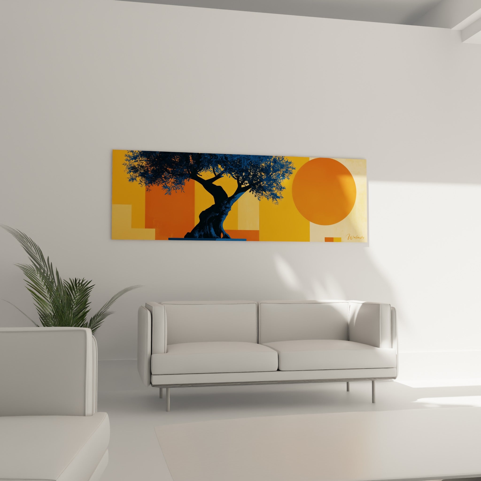 Arbre stylisé bleu marine sur aplats ocre et terracotta au-dessus d'un canapé dans un salon lumineux