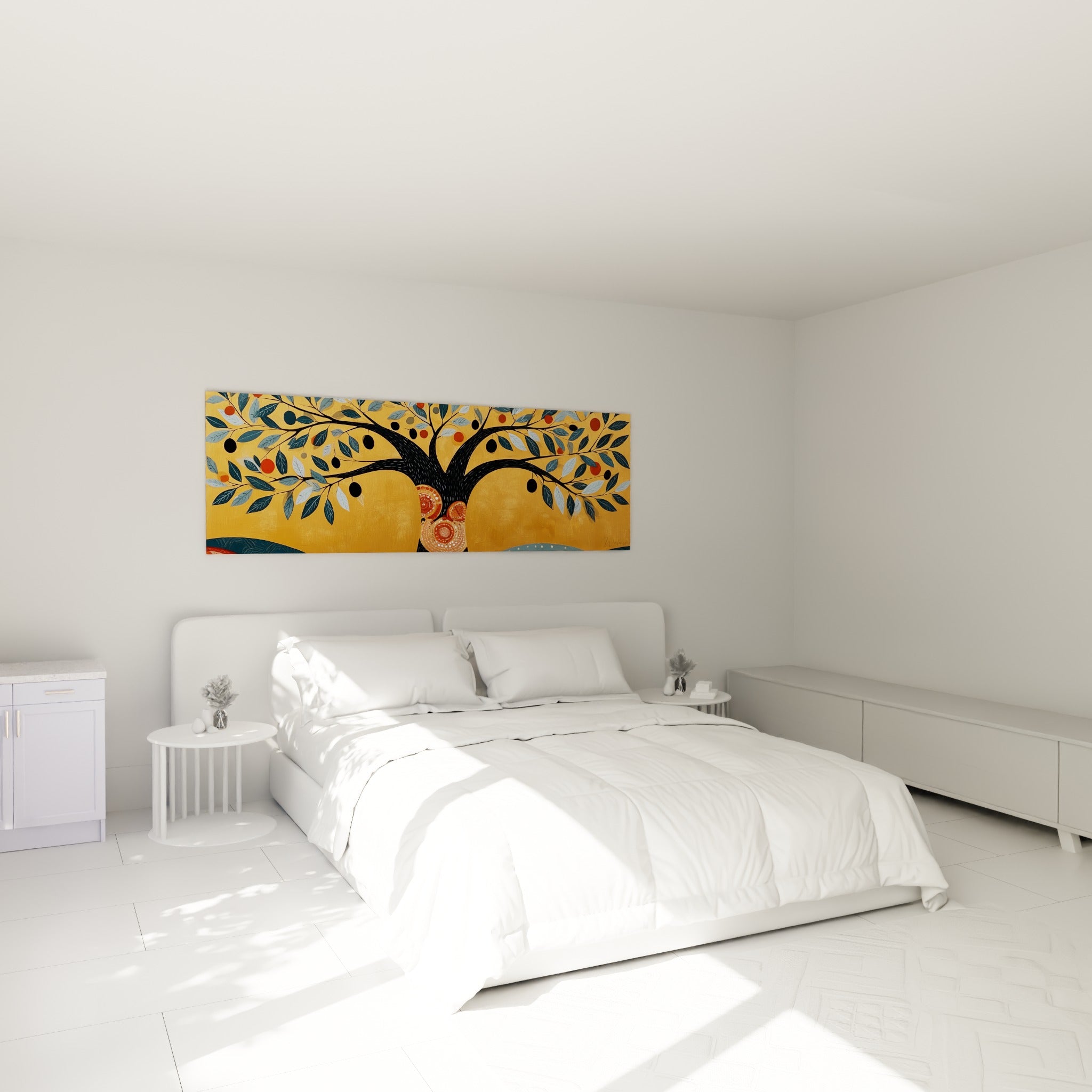 Arbre olivier ocre et terracotta aux racines en spirales, au-dessus d'un lit dans une chambre claire