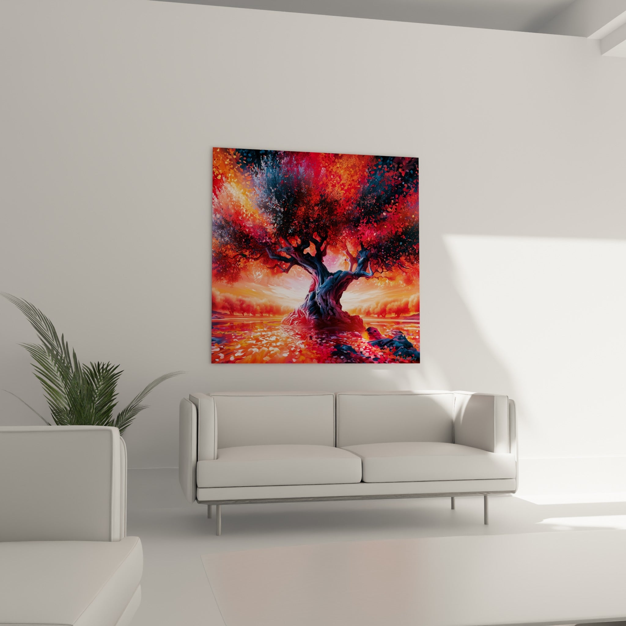 Arbre séculaire aux teintes orangées et bleutées au-dessus d'un canapé dans un salon lumineux