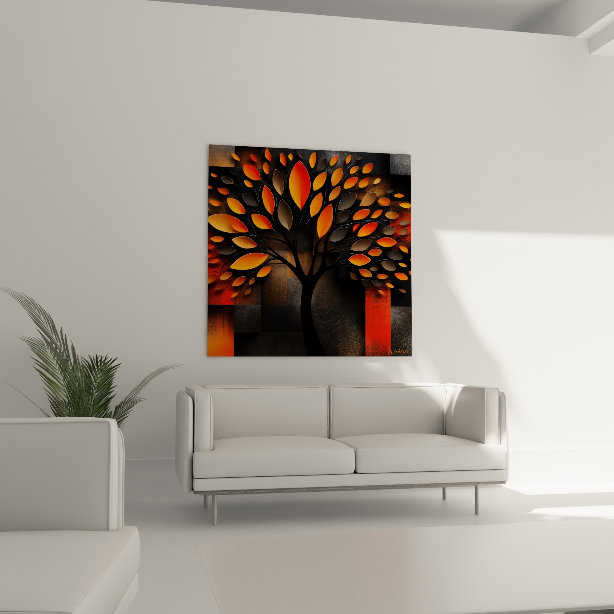 Arbre olivier flamboyant rouge et orange placé au-dessus d'un canapé dans un salon lumineux