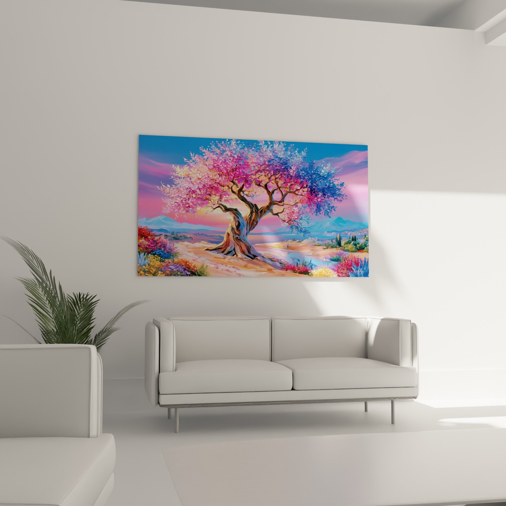 Silhouette d'olivier fleuri en rose et bleu azur suspendue au-dessus d'un canapé dans un salon lumineux