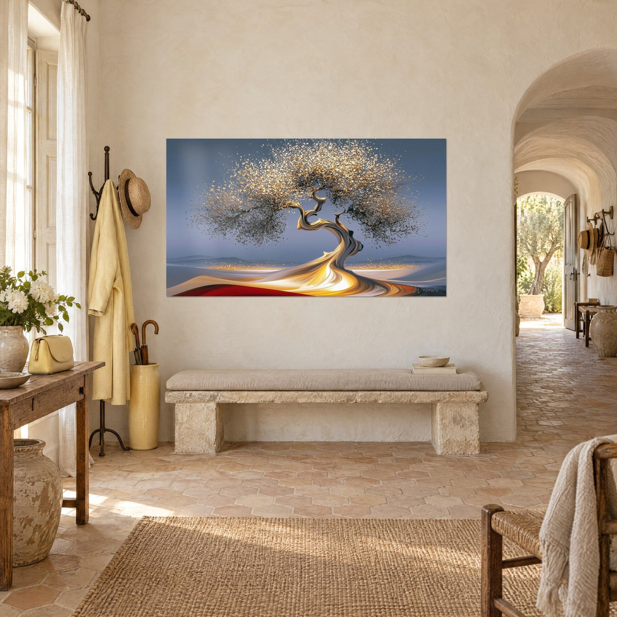 Tableau arbre millénaire au tronc torsadé doré et ivoire, dune écarlate au pied, mur crème d'un mas provençal et banc en pierre
