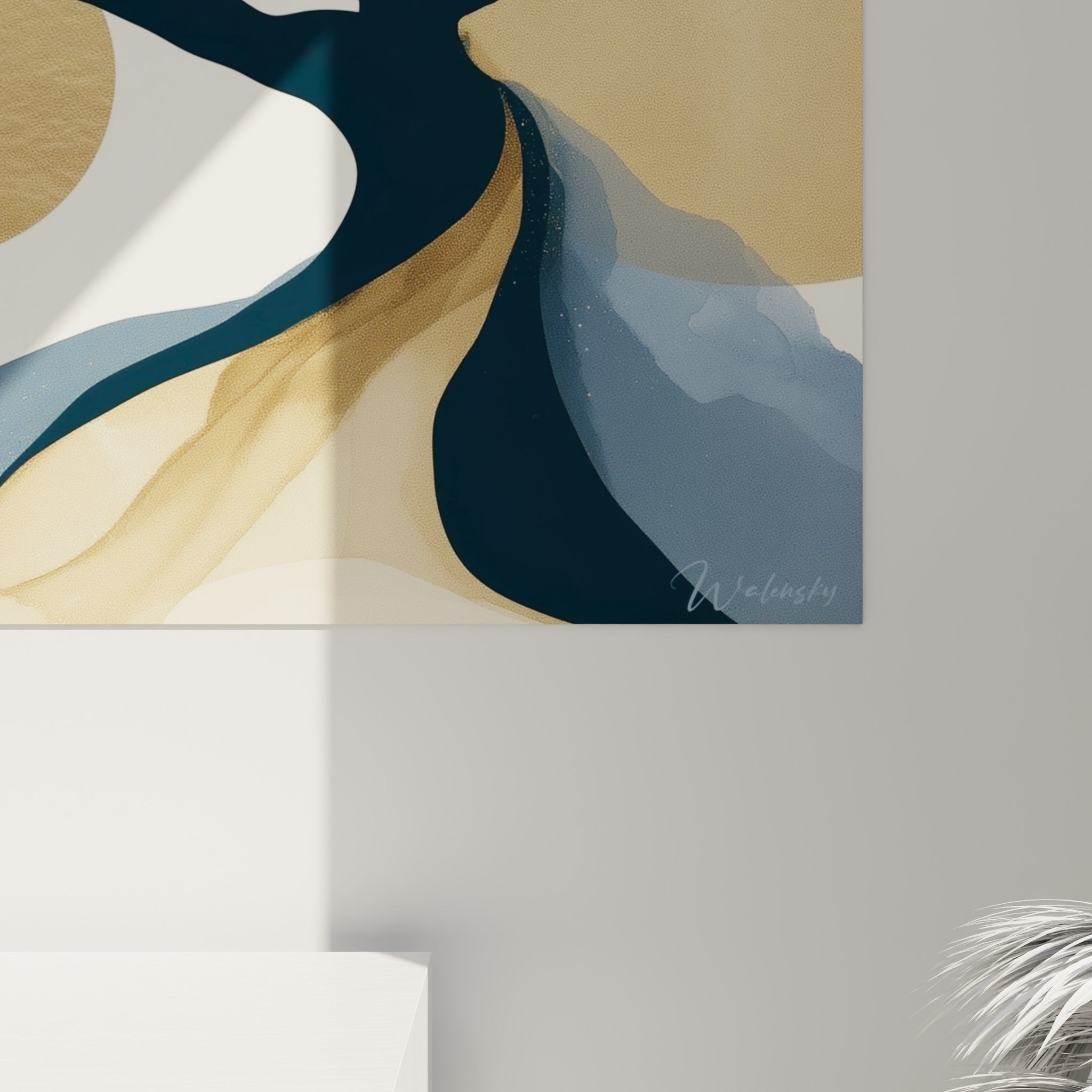 Détail du feuillage granuleux doré et bleu ardoise, texture peinte proche de l'aquarelle numérique.