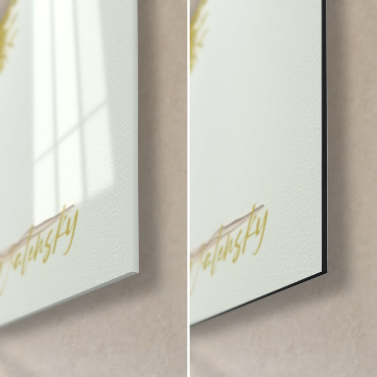 Wall art olive tree in ink, bottom right corner: gold signature, glossy acrylic glass on the left, matte black Dibond aluminium on the right