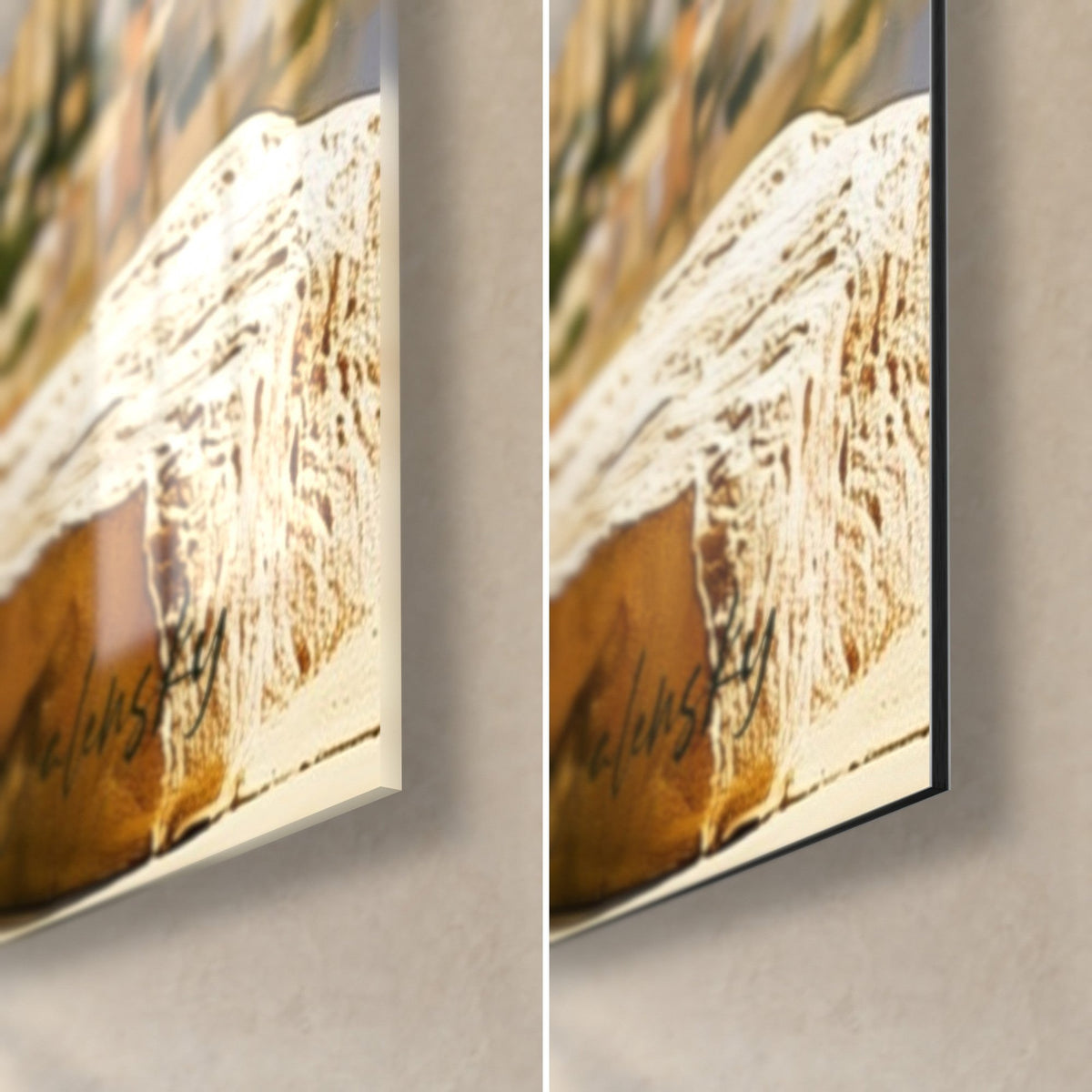 Gemälde einer gedrehten Olive in Bernstein und Elfenbein, untere rechte Ecke: glänzendes Acrylglas links, matte Dibond-Aluminium und schwarze Kante rechts
