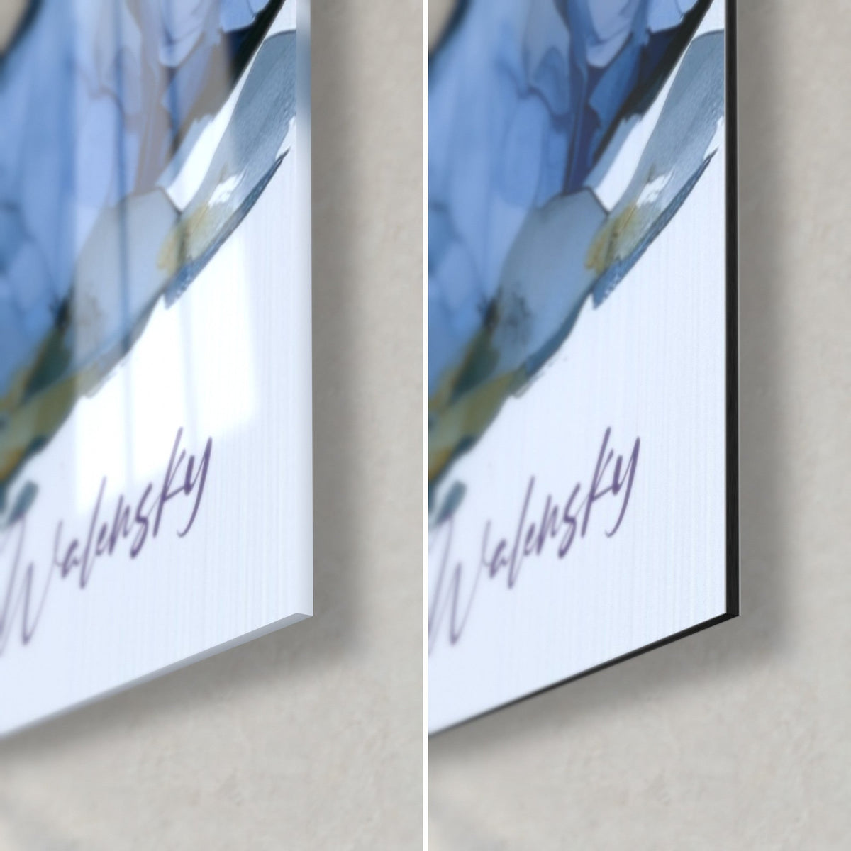 Wall art olive tree in watercolour, bottom right corner: glossy acrylic glass on the left, matte Dibond on the right, 3 mm black edge