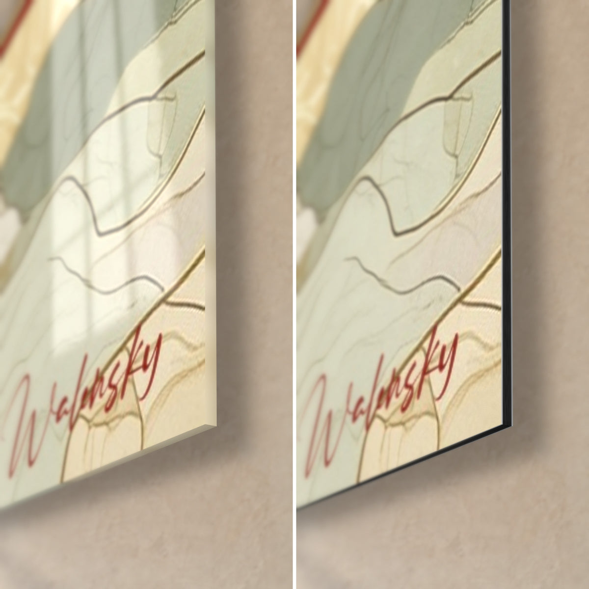 Gemälde einer Olive in Rot und Gold, Walensky-Signatur rechts unten neben der Ecke, glänzendes Glas links, mattes Dibond und schwarze Kante rechts