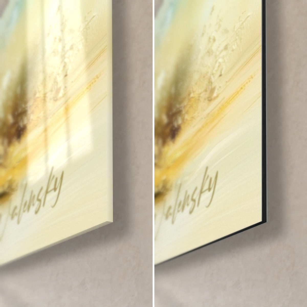 Gemälde Olivenbaum in Türkis und Gold, untere rechte Ecke: glänzendes Acrylglas links, mattes Dibond rechts, schwarze Kante 3 mm