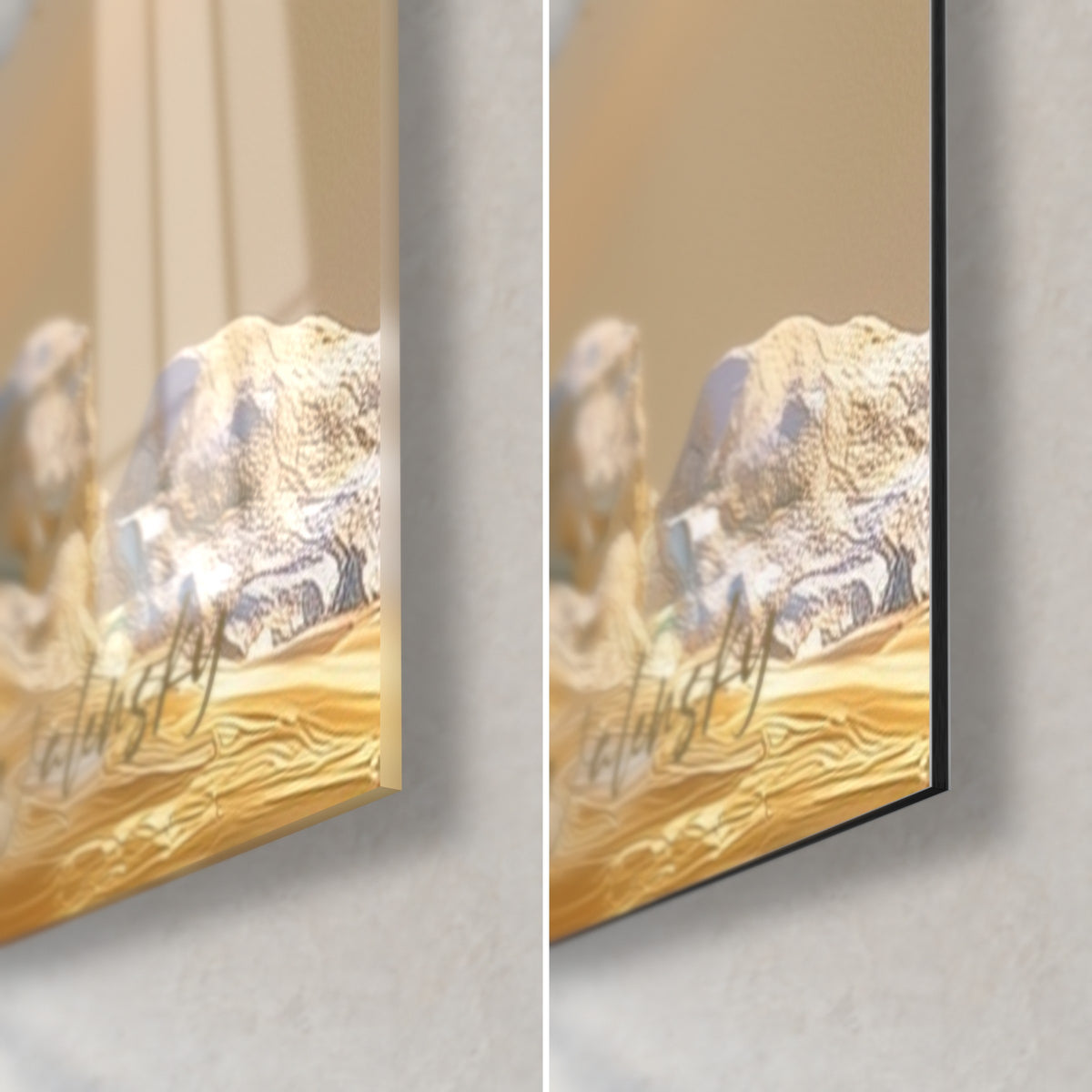 Schilderij wervelende gouden stam, rechtsonder: glanzend acrylglas met reflecties links, mat zwart Dibond en 3 mm rand rechts