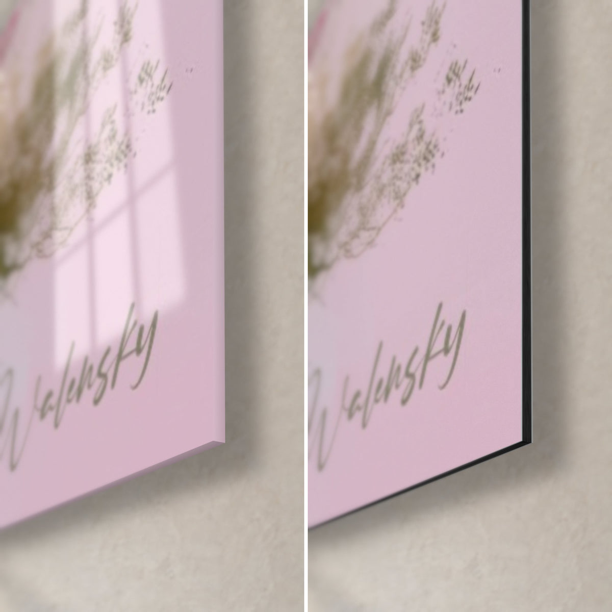 Wall art of a bonsai with golden clouds, pale pink lower right corner, glossy acrylic glass on the left, matte black Dibond on the right