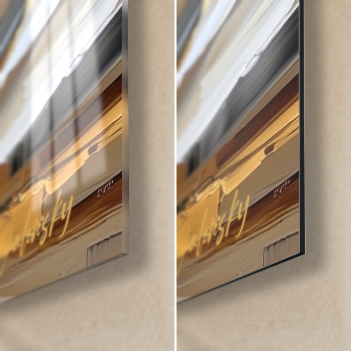 Wall art metallic gold and black foliage, bottom right corner: glossy acrylic glass on the left, matte Dibond aluminium on the right, 3 mm edge