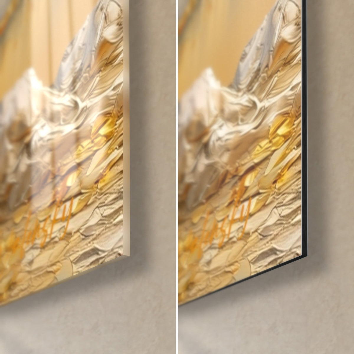 Wall art olive tree with gold and silver foliage, bottom right corner: glossy acrylic glass on the left, matte Dibond aluminium on the right, 3 mm edge