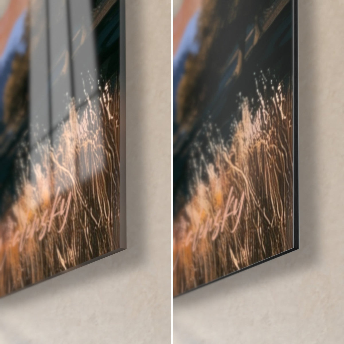 Wall art of olive foliage over golden grasses, bottom right corner: glossy acrylic glass with reflections, matte black Dibond aluminum, 3 mm edge