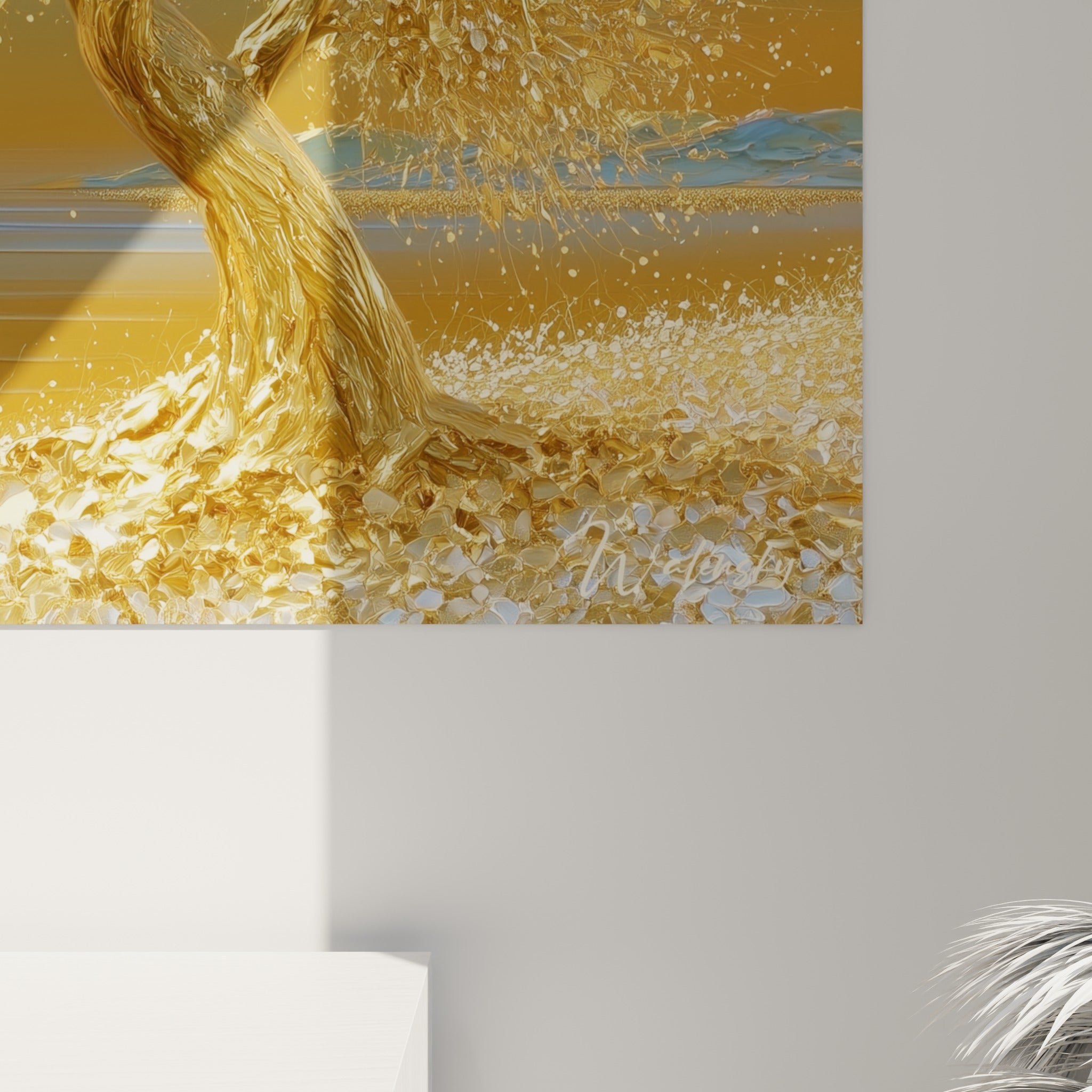 Feuillage doré texturé et empâté de l'olivier, grain métallique visible de près sur la toile