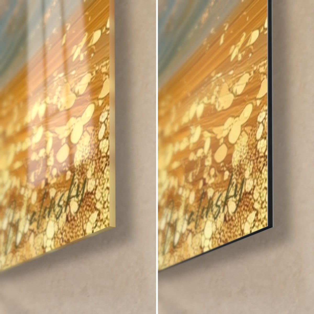 Gemälde goldener Olivenbaum, untere rechte Ecke: glänzendes Acrylglas mit bernsteinfarbenen Reflexen links, mattes Dibond-Aluminium und 3 mm schwarze Kante rechts