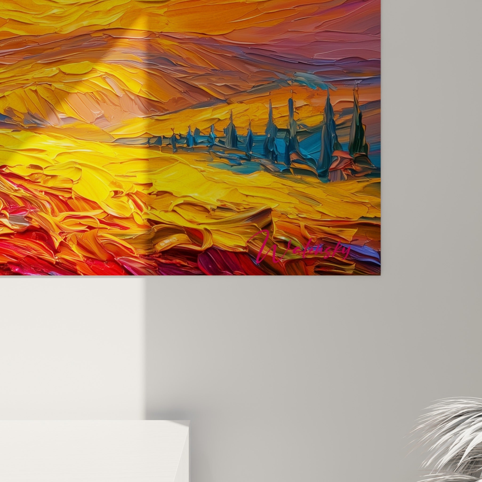 Empâtements épais mêlant jaune safran, bleu cobalt et rouge carmin, coulures de peinture visibles en surface