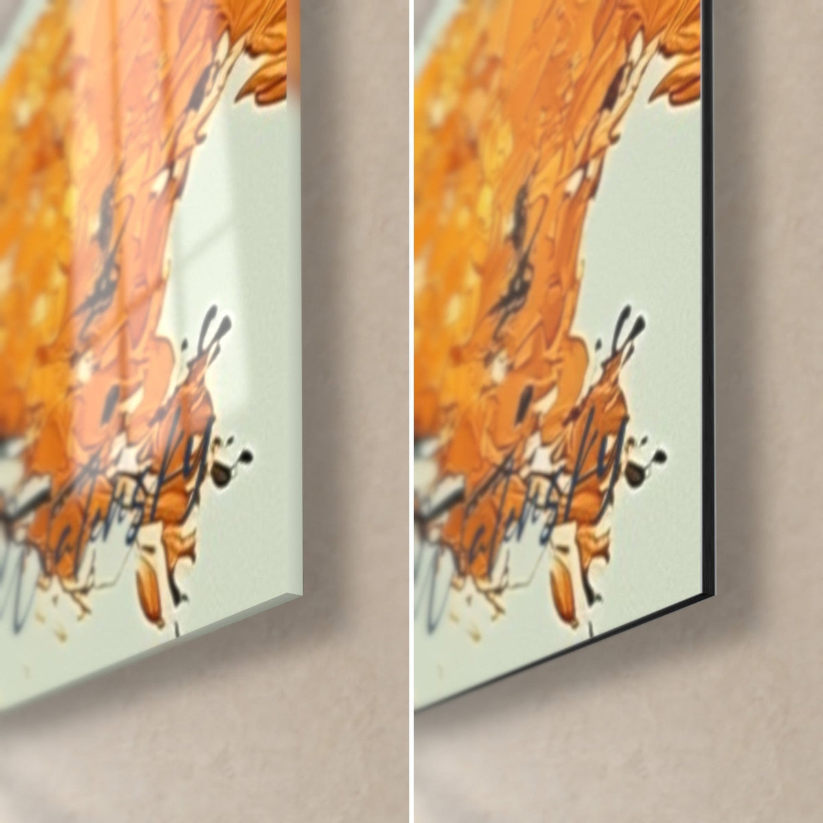 Quadro tronco d'ulivo indaco con fogliame arancio, angolo in basso a destra: vetro acrilico lucido a sinistra, Dibond opaco a destra