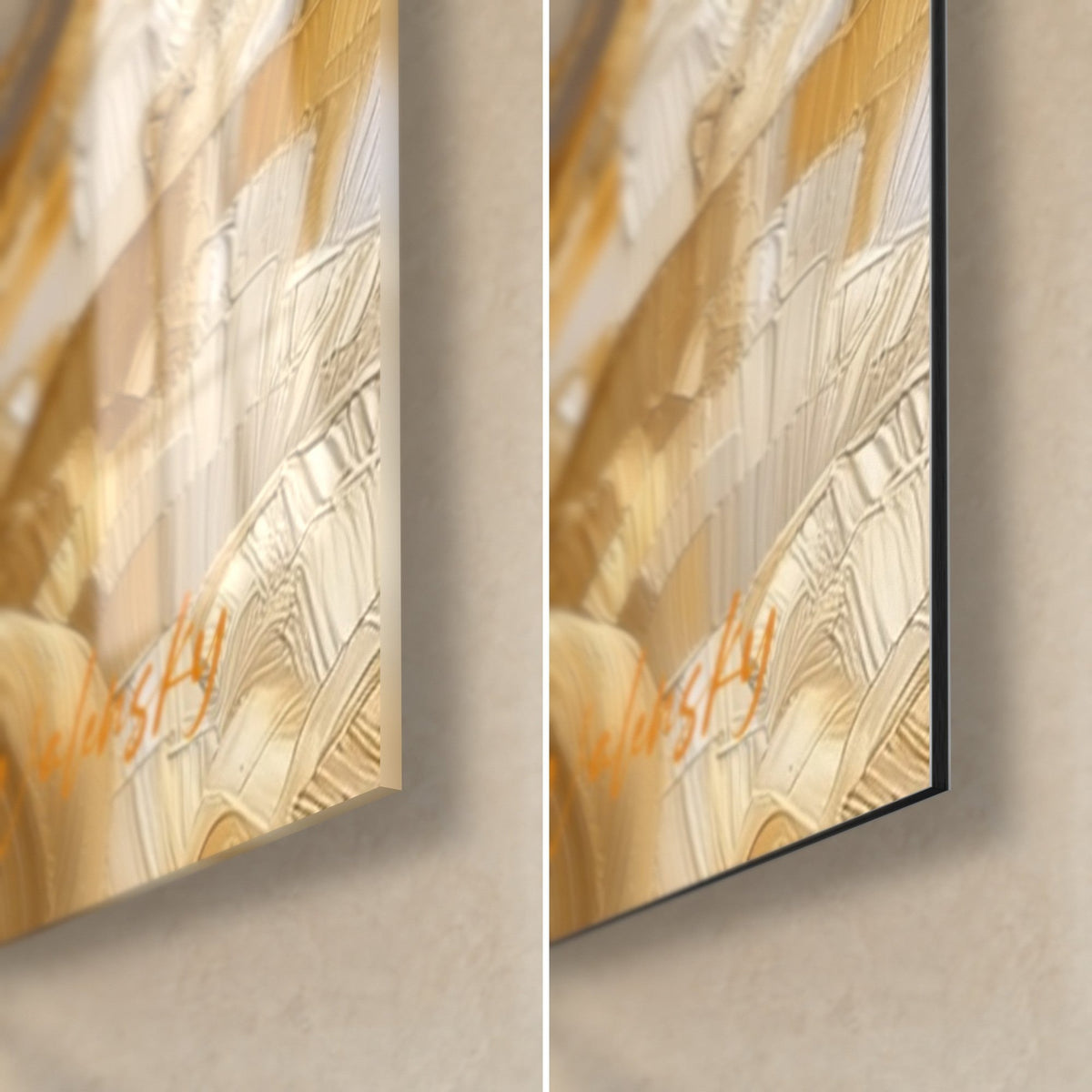 Quadro fogliame dorato in rilievo, angolo in basso a destra: vetro acrilico lucido con riflessi a sinistra, Dibond beige opaco a destra, bordo di 3 mm