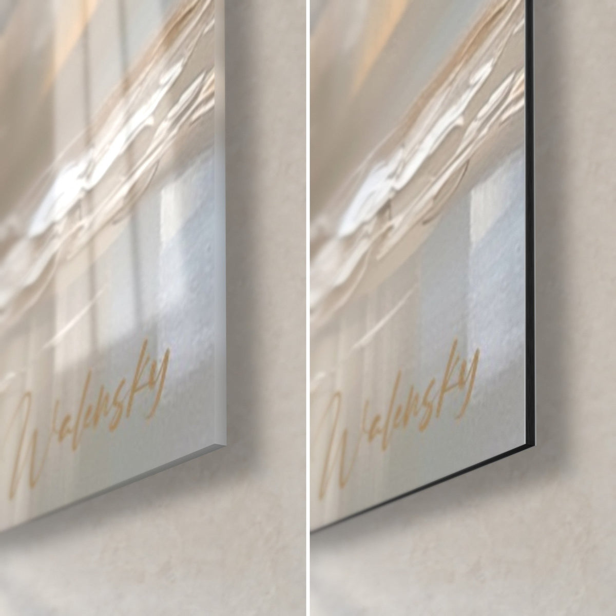 Schilderij van een gouden olijfboomstam, rechtsonder: glanzend acrylglas met reflecties, mat wit Dibond-aluminium, 3 mm rand