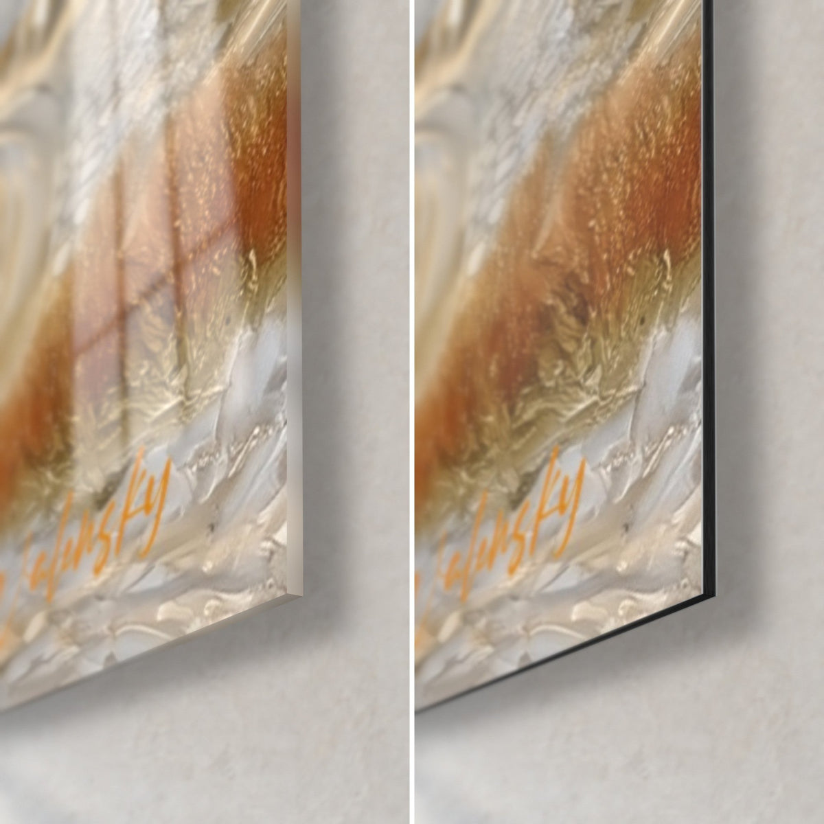 Gemälde Olivenbaum mit goldenen Blättern, untere rechte Ecke: glänzendes Acrylglas mit Reflexen links, matittes Alu-Dibond rechts, schwarze Kante