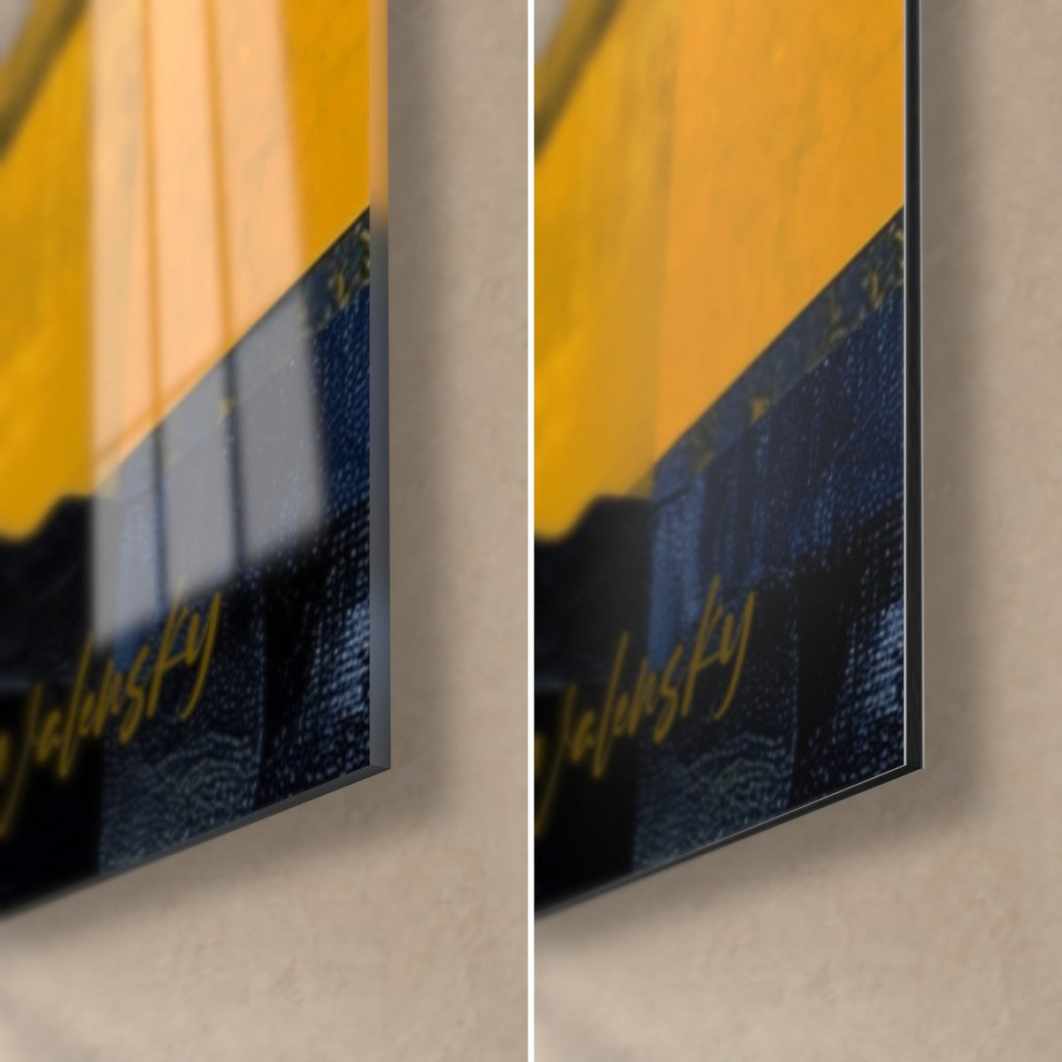 Gemälde Silhouette eines Olivenbaums in Nachtblau, unten rechts goldene Signatur auf glänzendem Acrylglas und mattem Dibond, 3 mm Stärke