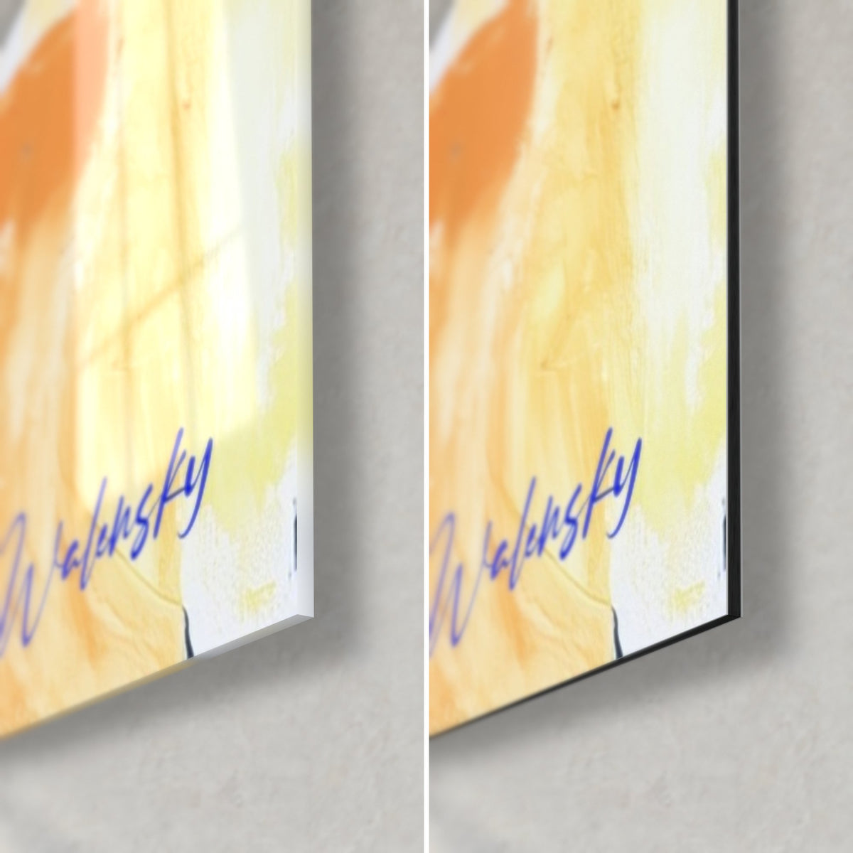 Wall art stylized olive tree, lower right corner: butter yellow and orange brushstrokes, blue signature, glossy acrylic glass and matte Dibond