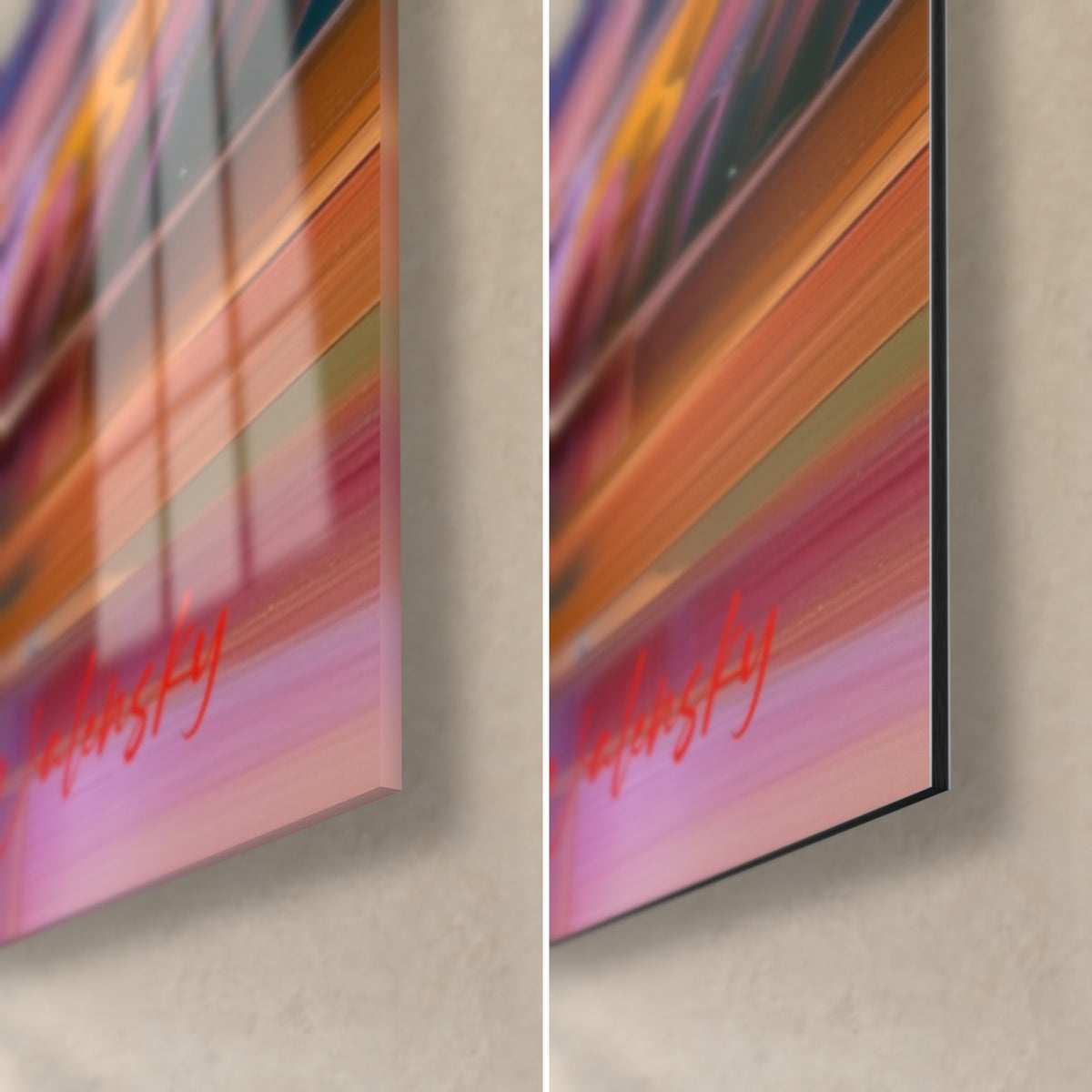 Quadro ulivo con tocchi di spatola arancio e rosa, angolo in basso a destra: vetro lucido a sinistra, Dibond opaco, spessore 3 mm