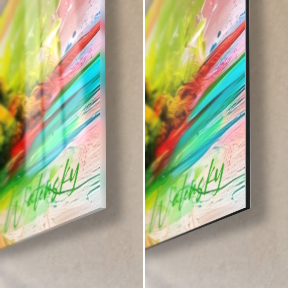 Wall art of a twisted olive trunk in lime green and pink, bottom right corner: glossy glass on the left, matte Dibond on the right, black edge