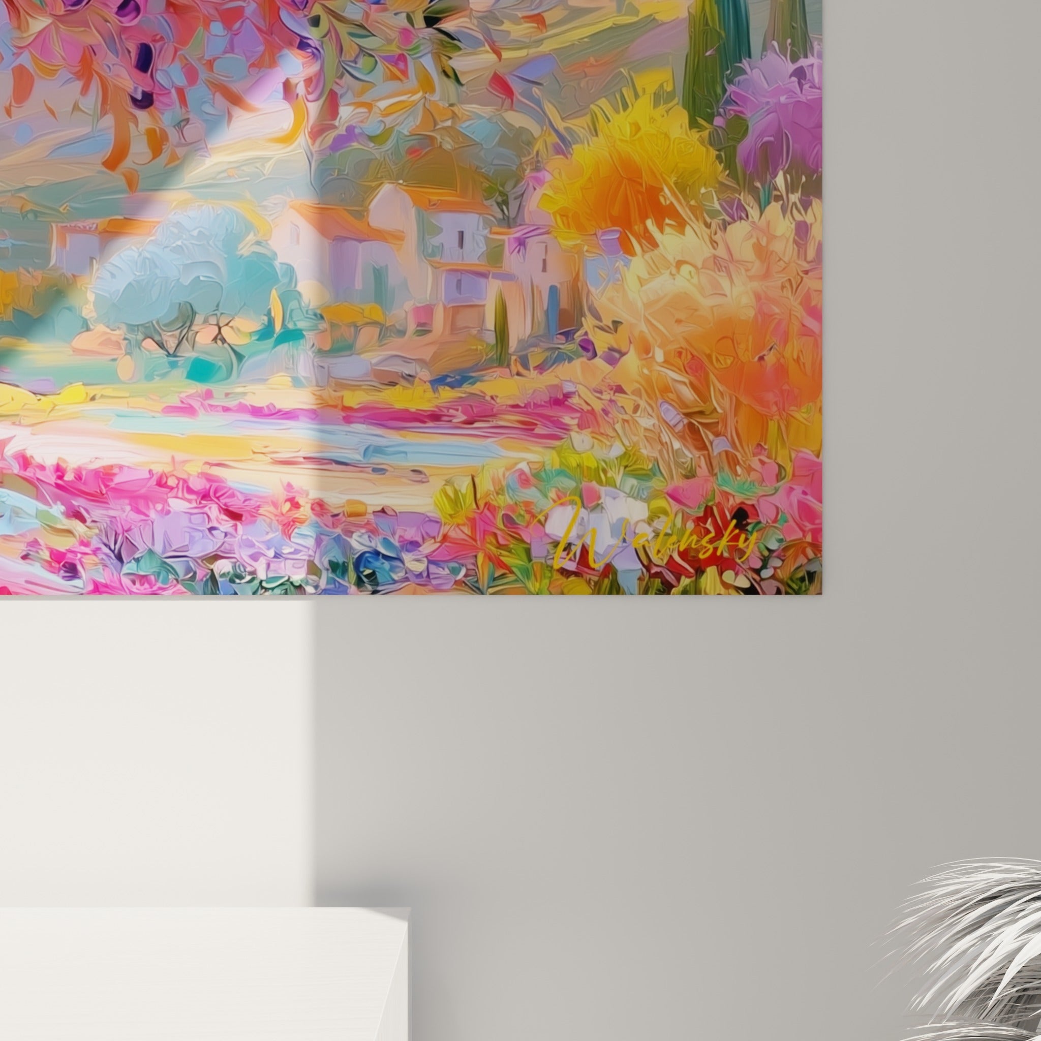 Empâtements épais de peinture rose, violette et dorée révélant la matière du tronc de l'olivier