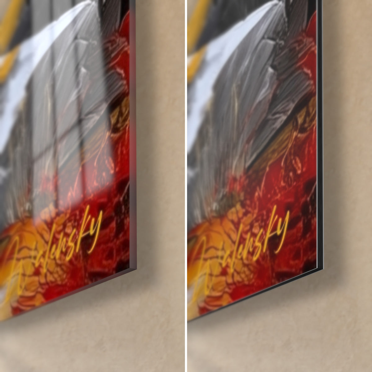 Schilderij olijfboom in goud en antraciet, rechtsonder: glanzend acrylglas met reflecties, mat Dibond-aluminium en 3 mm rand