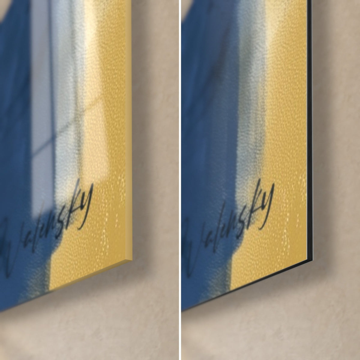 Cuadro de olivo sobre cristal acrílico brillante y Dibond mate, esquina inferior derecha: azul profundo, amarillo dorado, firma Walensky, canto de 3 mm