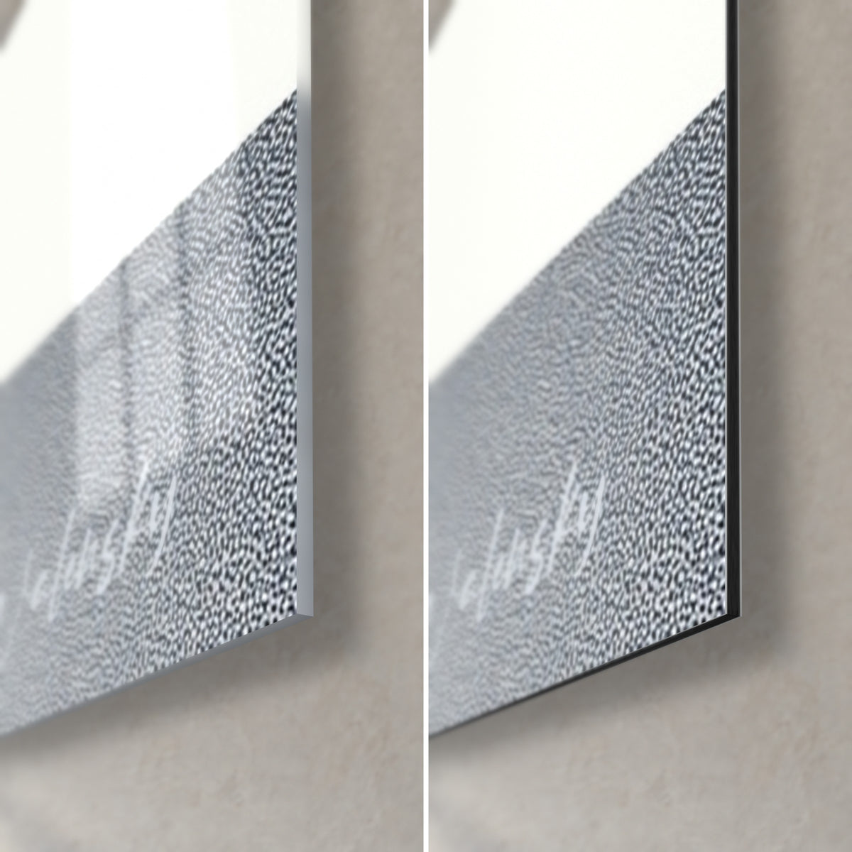 Tableau olivier solitaire, coin bas droit : verre acrylique brillant reflétant la fenêtre, Dibond gris mat, tranche de 3 mm