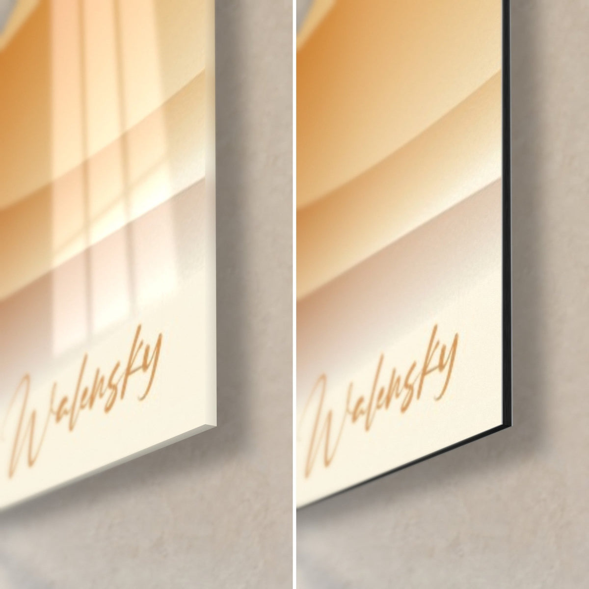 Wall art tree silhouette on a cream background, orange Walensky signature, glossy glass on the left and matte black Dibond on the right