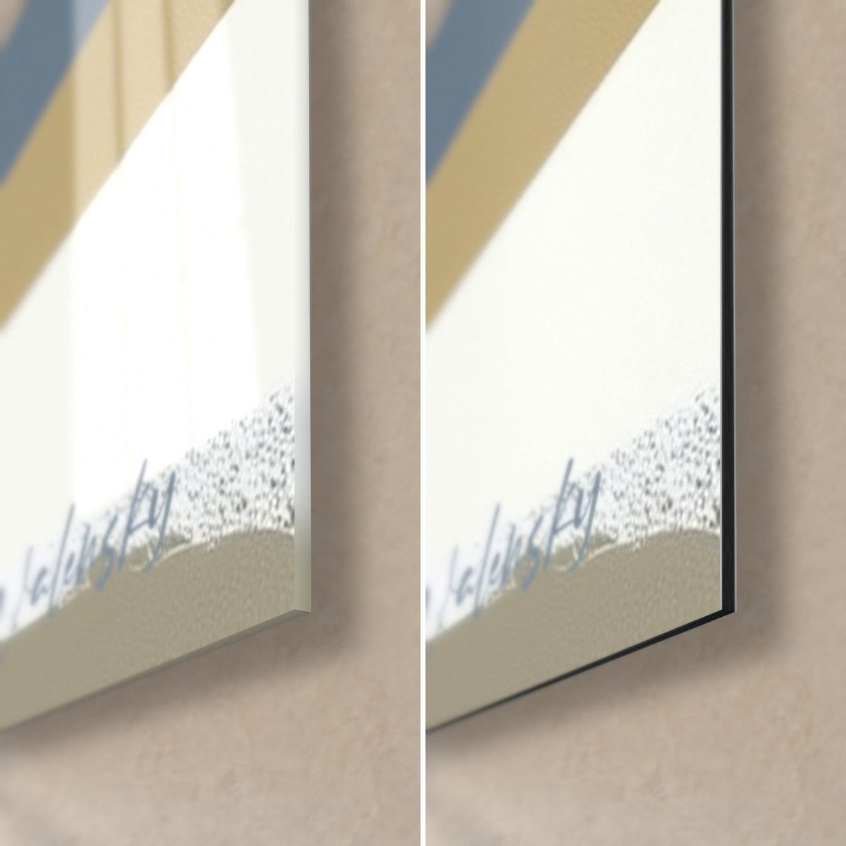 Cuadro silueta de olivo en serigrafía, abajo a la derecha: cristal brillante con reflejos, Dibond mate blanco y azul, canto de 3 mm