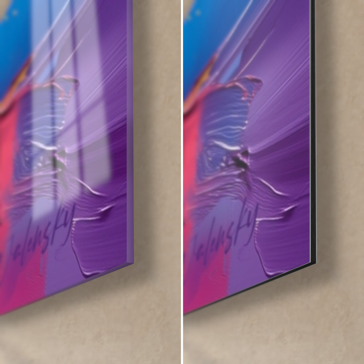 Quadro sagoma di albero blu, angolo viola a spatola in basso a destra, vetro acrilico lucido a sinistra, Dibond opaco a destra