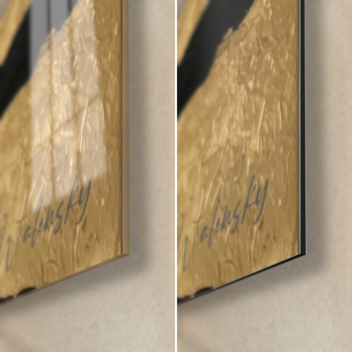 Tableau olivier noir sur feuille d'or, coin bas droit : verre acrylique brillant à gauche, Dibond mat à droite, tranche de 3 mm