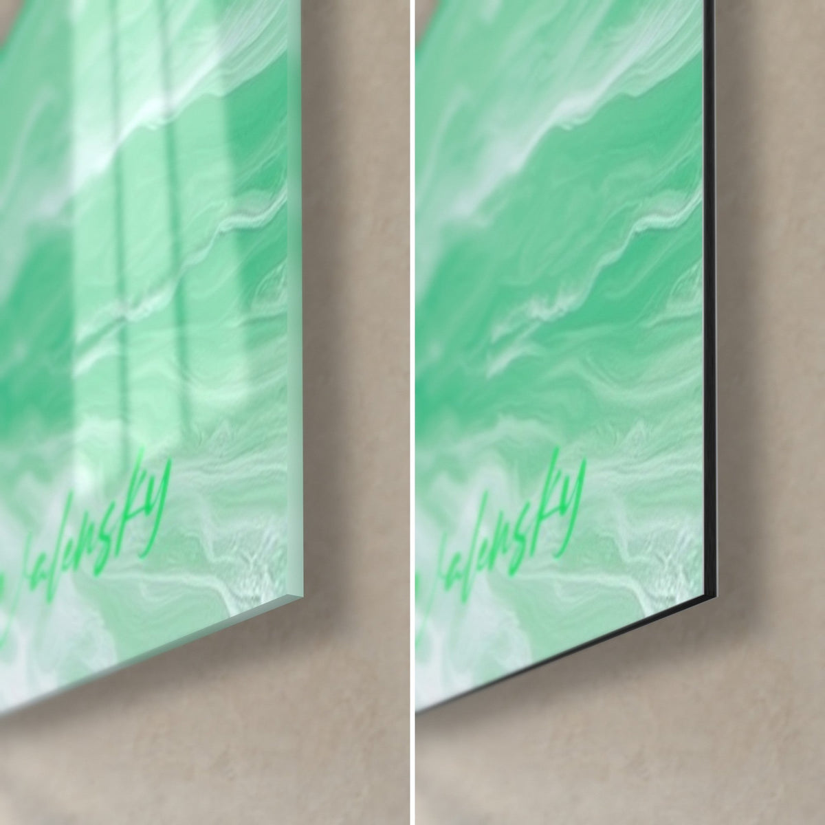 Wall art olive tree trunk, bottom right corner, green signature, glossy acrylic glass and matte black Dibond, 3 mm thickness