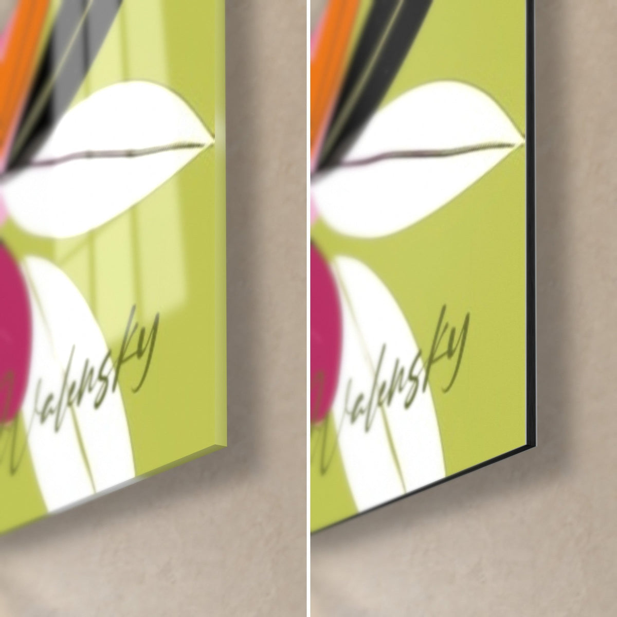 Wall art olive branch, white and pink leaf on anise green background, lower right corner, glossy glass on the left, matte Dibond on the right