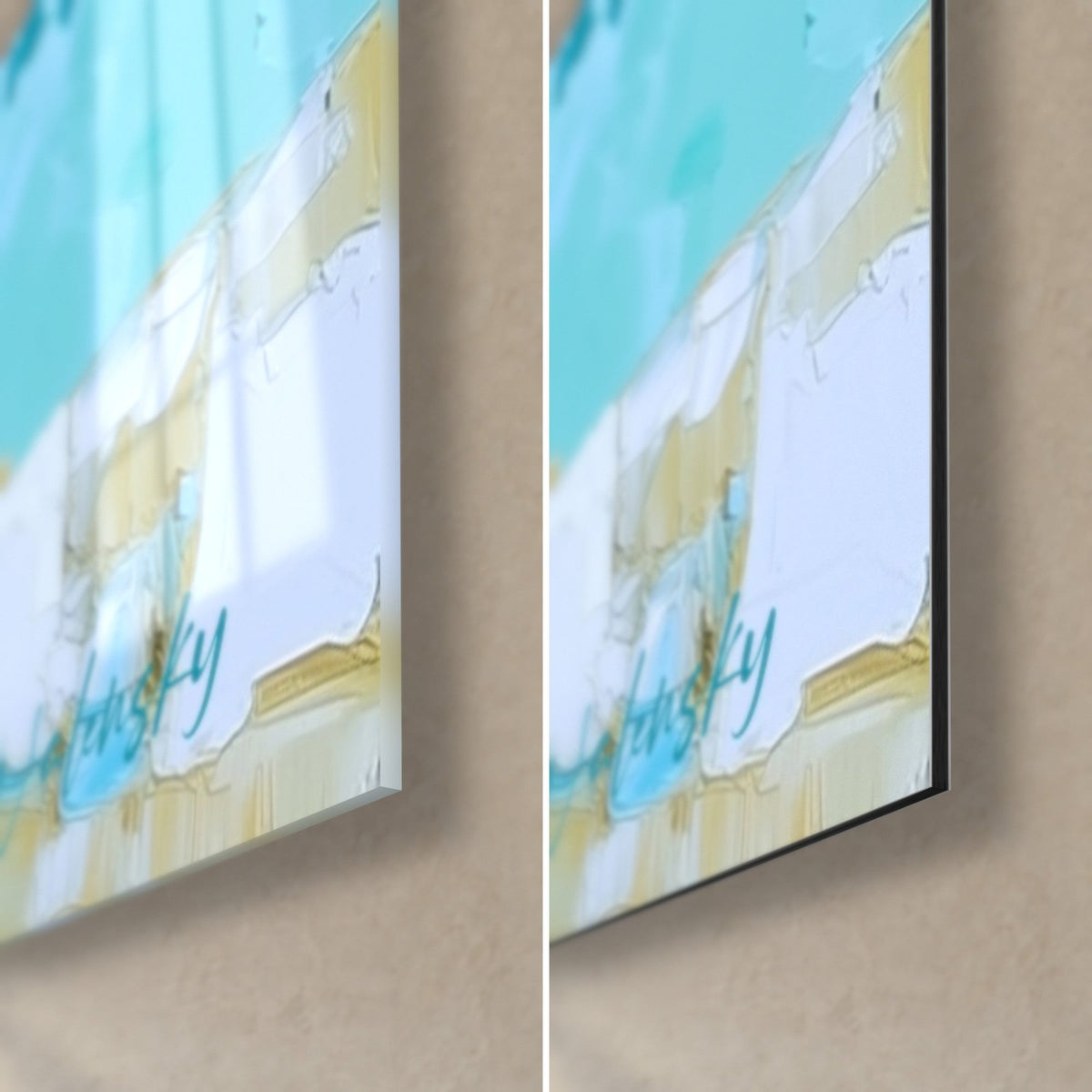 Wall art turquoise olive tree, lower right corner: blue signature over white and ochre impasto, glossy glass and matte Dibond