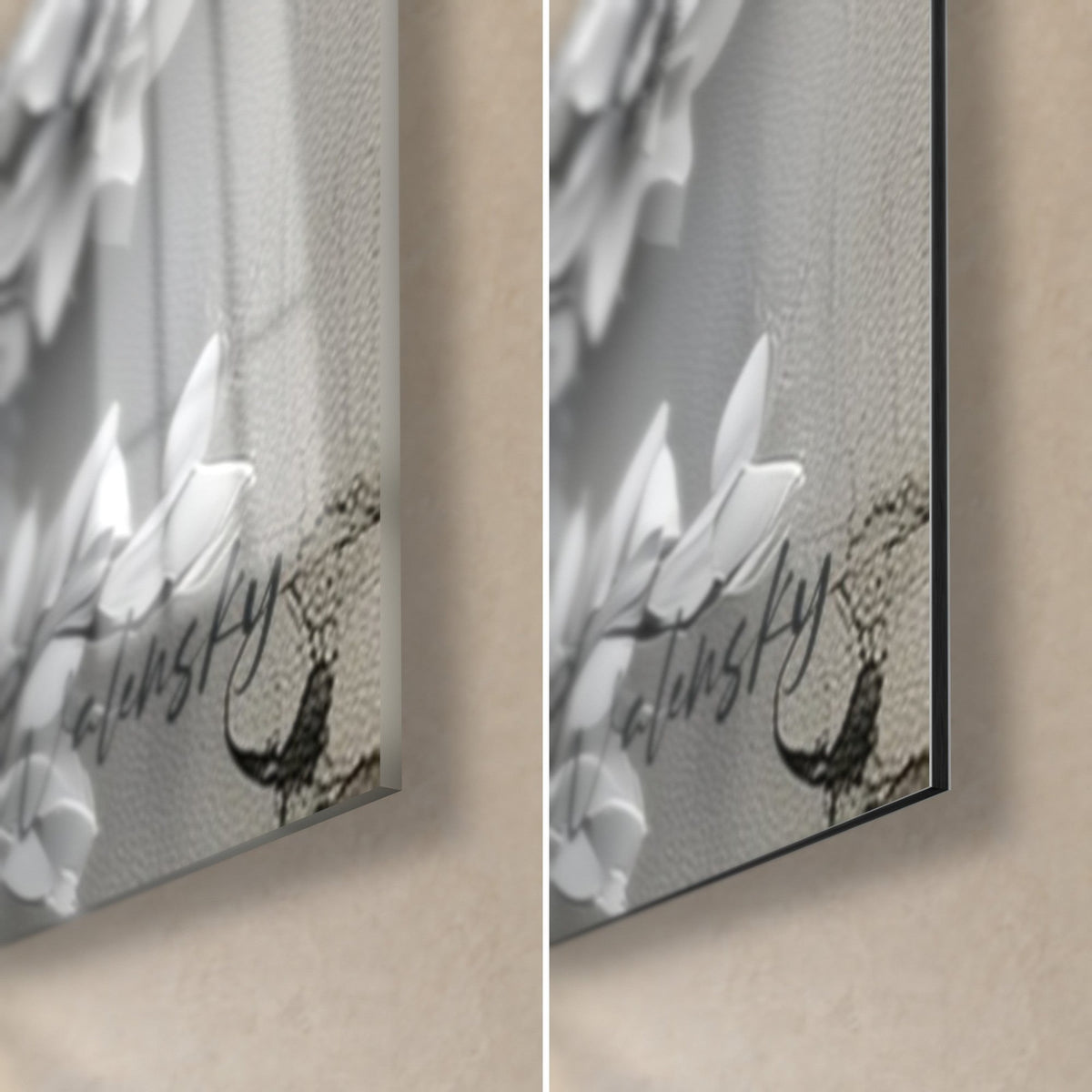 Schilderij van een bloeiende boom in wit en zwart, rechtsonder: glanzend acrylglas links, mat grijs Dibond-aluminium rechts, rand van 3 mm
