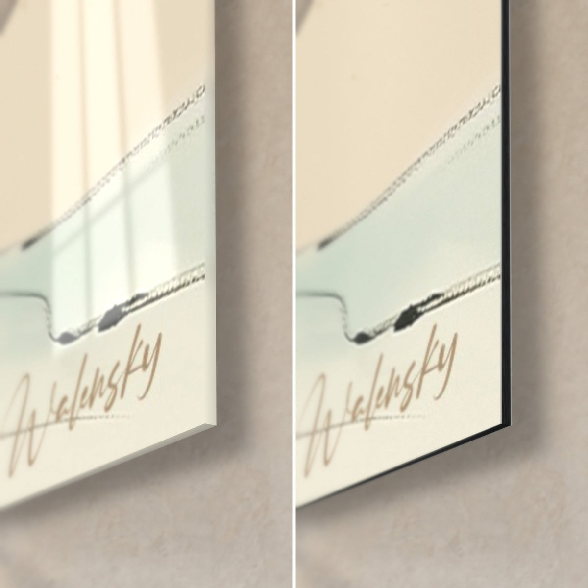 Schilderij olijfboom geschilderd met inkt, rechteronderhoek: glanzend acrylglas links, mat zwart Dibond-aluminium rechts, gouden Walensky-handtekening