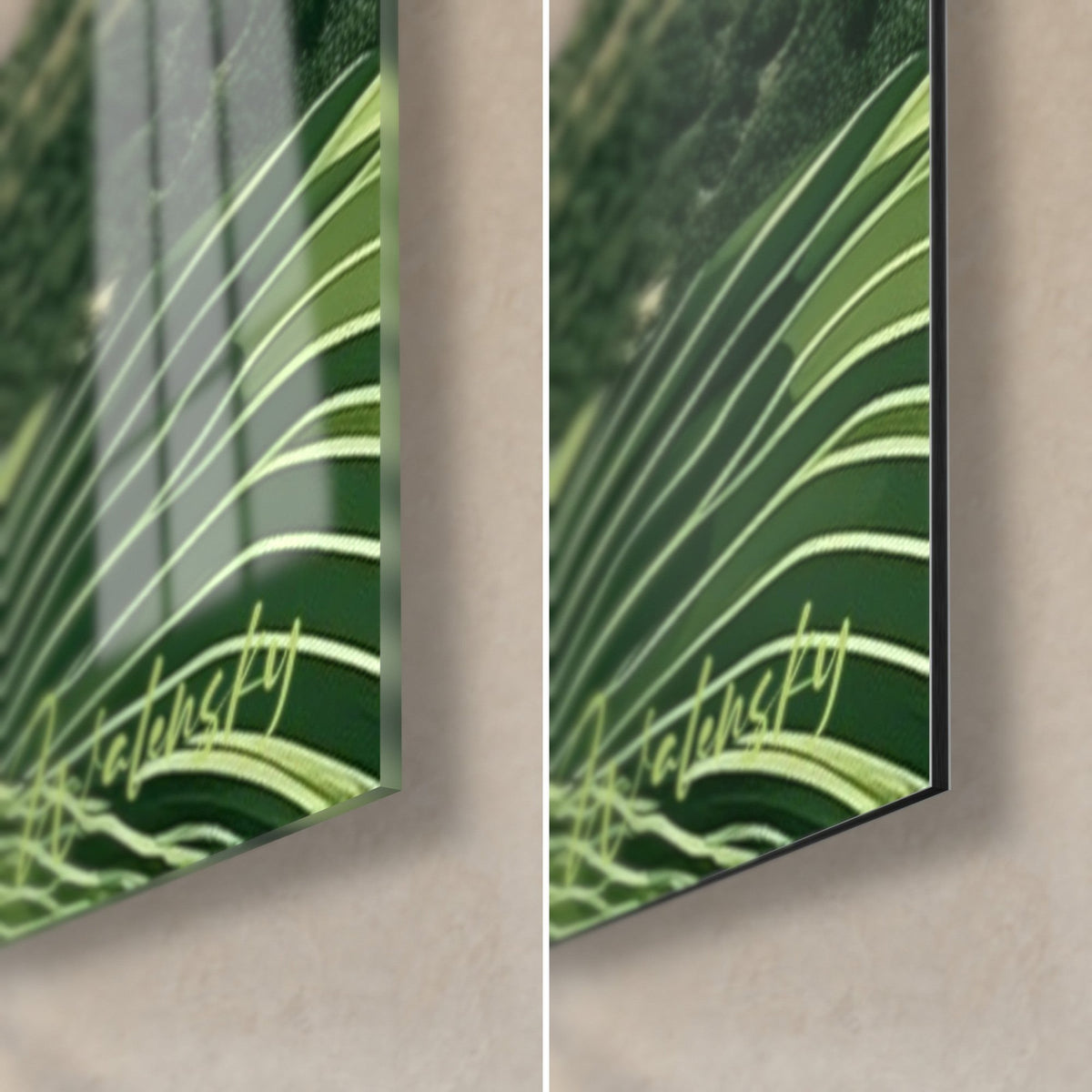Quadro di un olivo con striature verde mela, angolo in basso a destra: vetro acrilico lucido con riflessi, alluminio Dibond nero opaco, spessore 3 mm