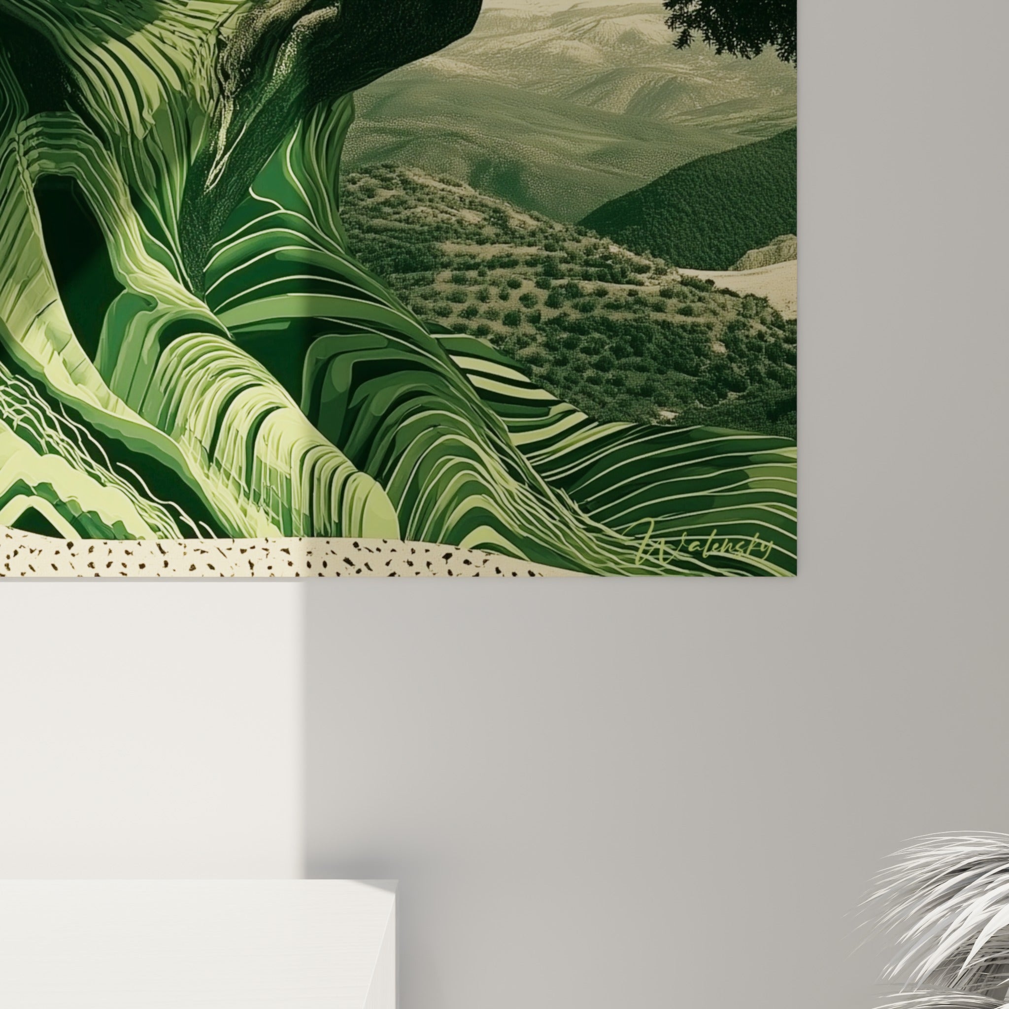 Grain sculpté du tronc en vagues vert sauge et beige, détail des empâtements de la toile