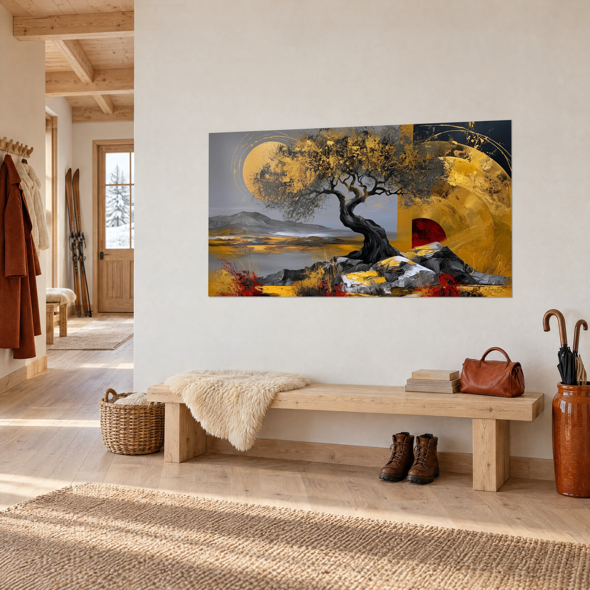 Cuadro árbol nudoso de ramas doradas, disco rojo oscuro y lago gris, colgado sobre un banco de madera de un chalet