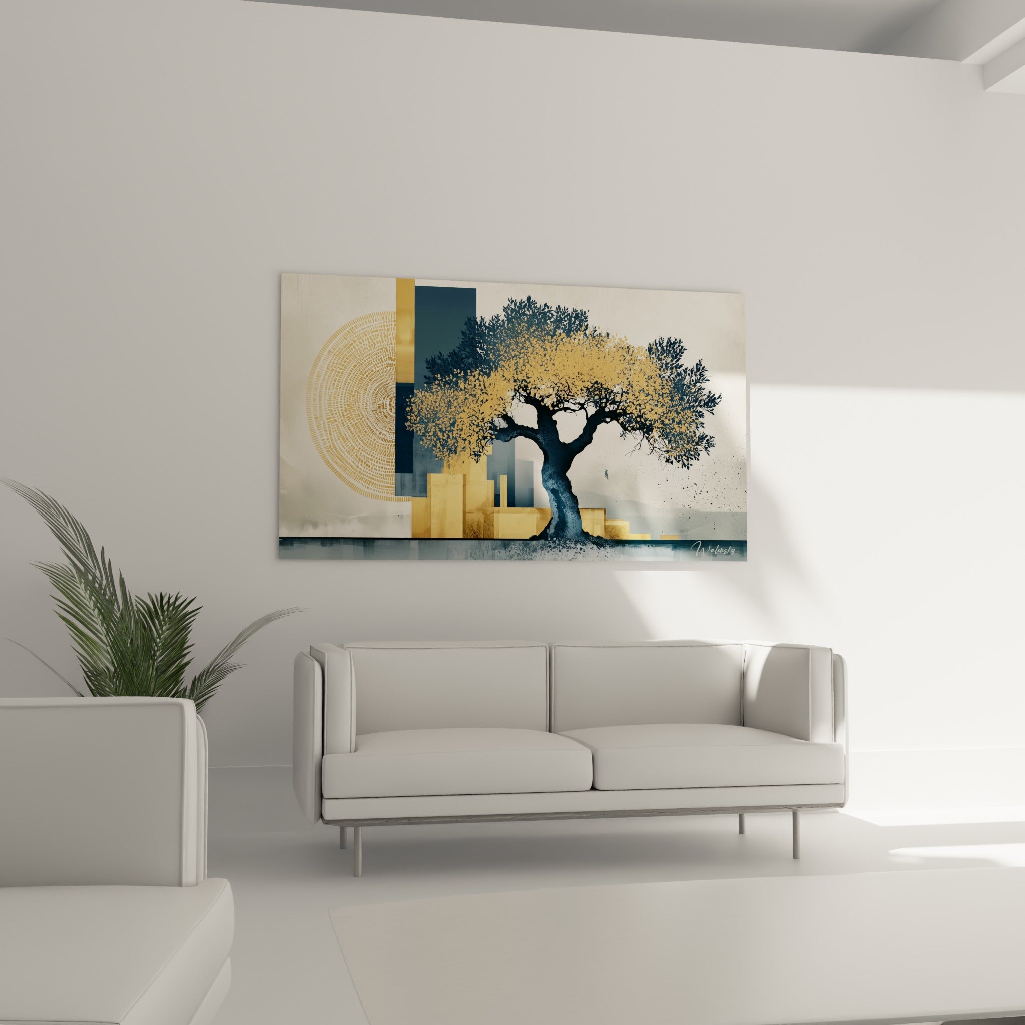 Silhouette d'olivier ocre et anthracite sur fond sable, au-dessus d'un canapé dans un salon lumineux