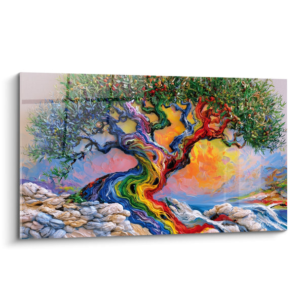 Tableau Olivier au tronc arc-en-ciel sur rochers - Sève de couleurs - Edition Olivier