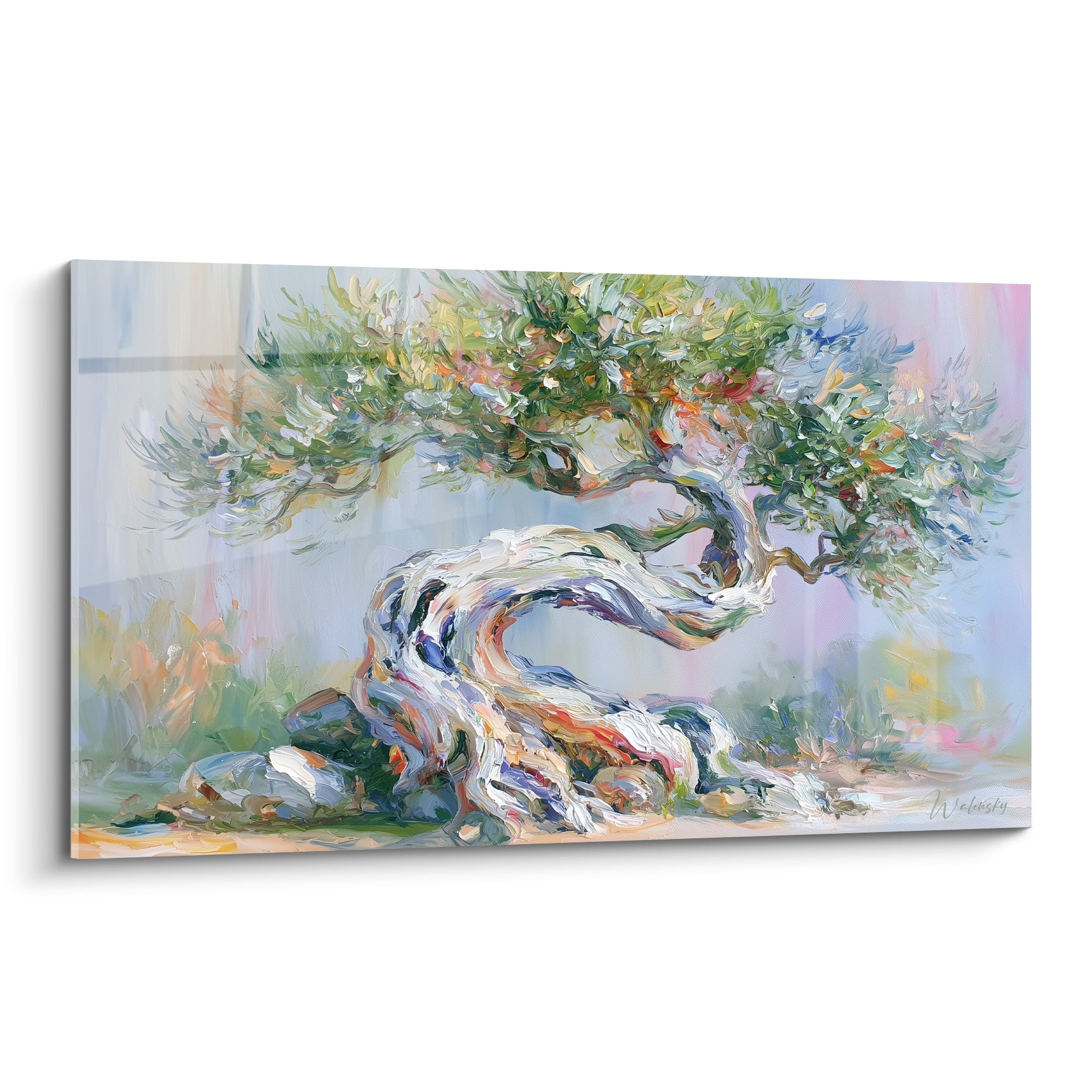 Olivier au tronc blanc torsadé et feuillage vert tendre sur fond bleu pastel lumineux