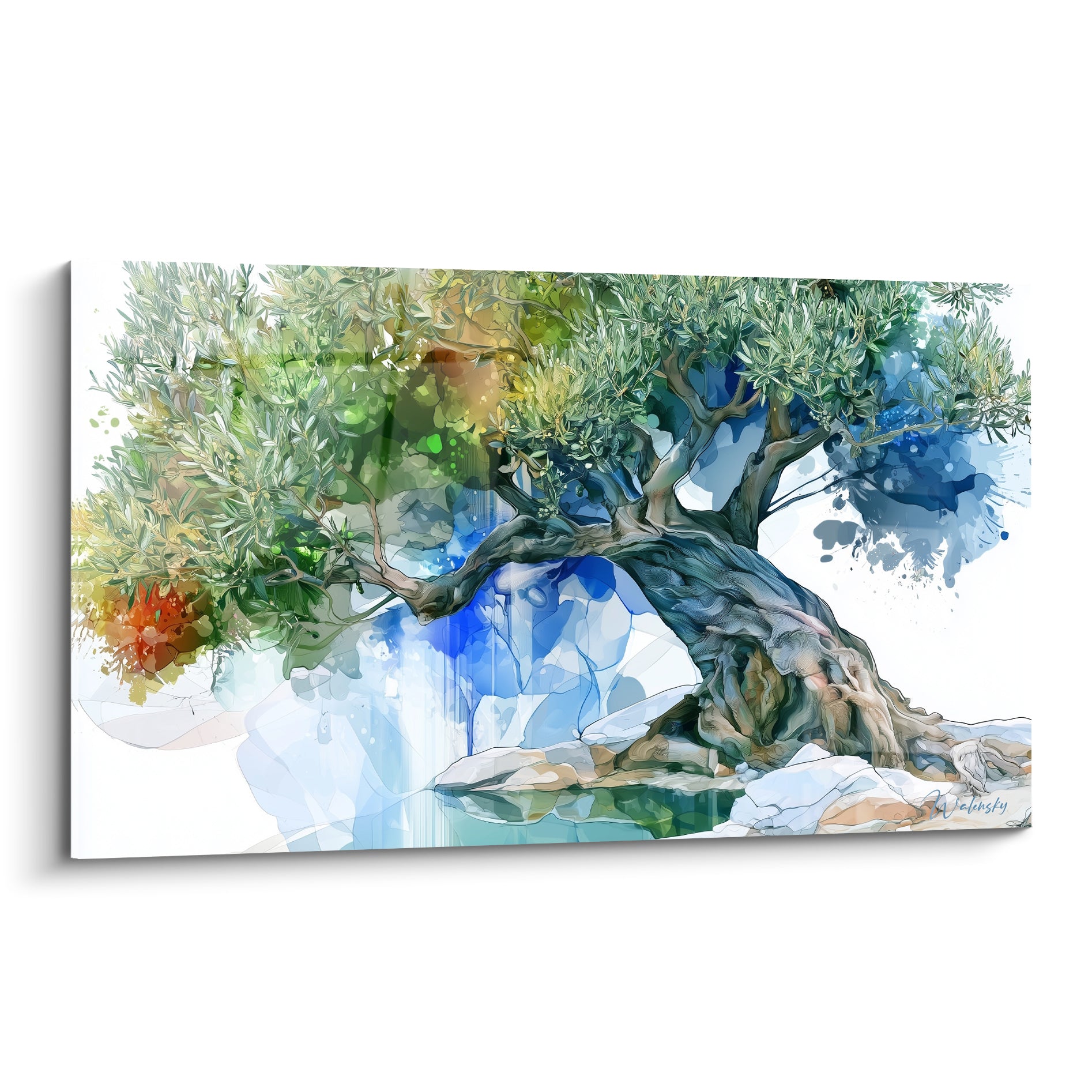 Olivier centenaire au tronc bleu ardoise noueux, feuillage vert sauge, éclaboussures orange en aquarelle