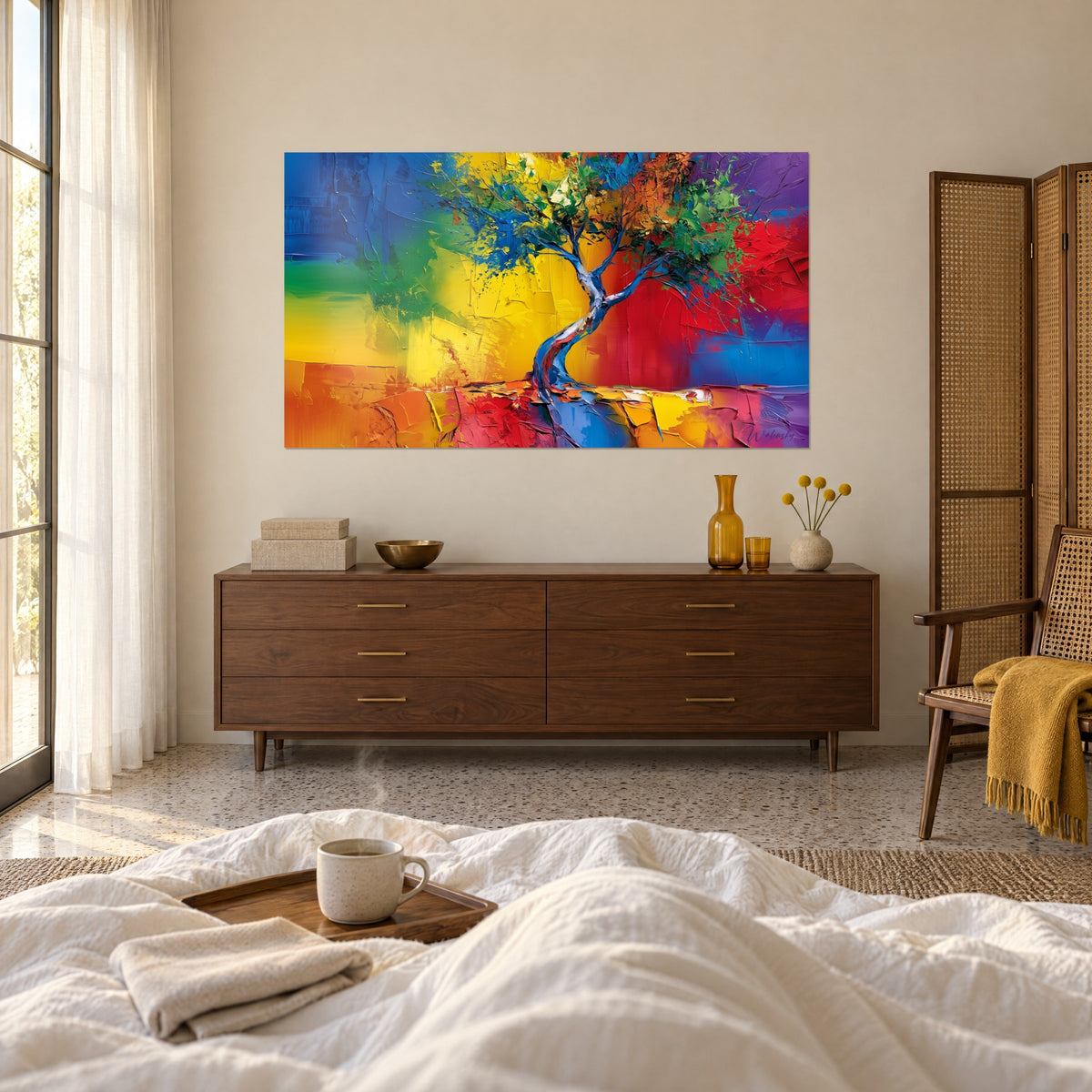 Quadro tronco ondulato blu e bianco su sfondo giallo sole e rosso vivo, appeso sopra un letto in una camera luminosa