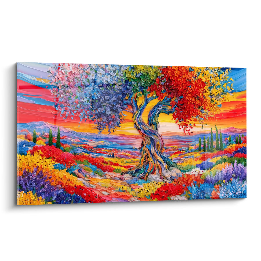 Tableau Olivier multicolore au tronc torsadé et champs fleuris - Cyprès et vallée lointaine - Edition Olivier